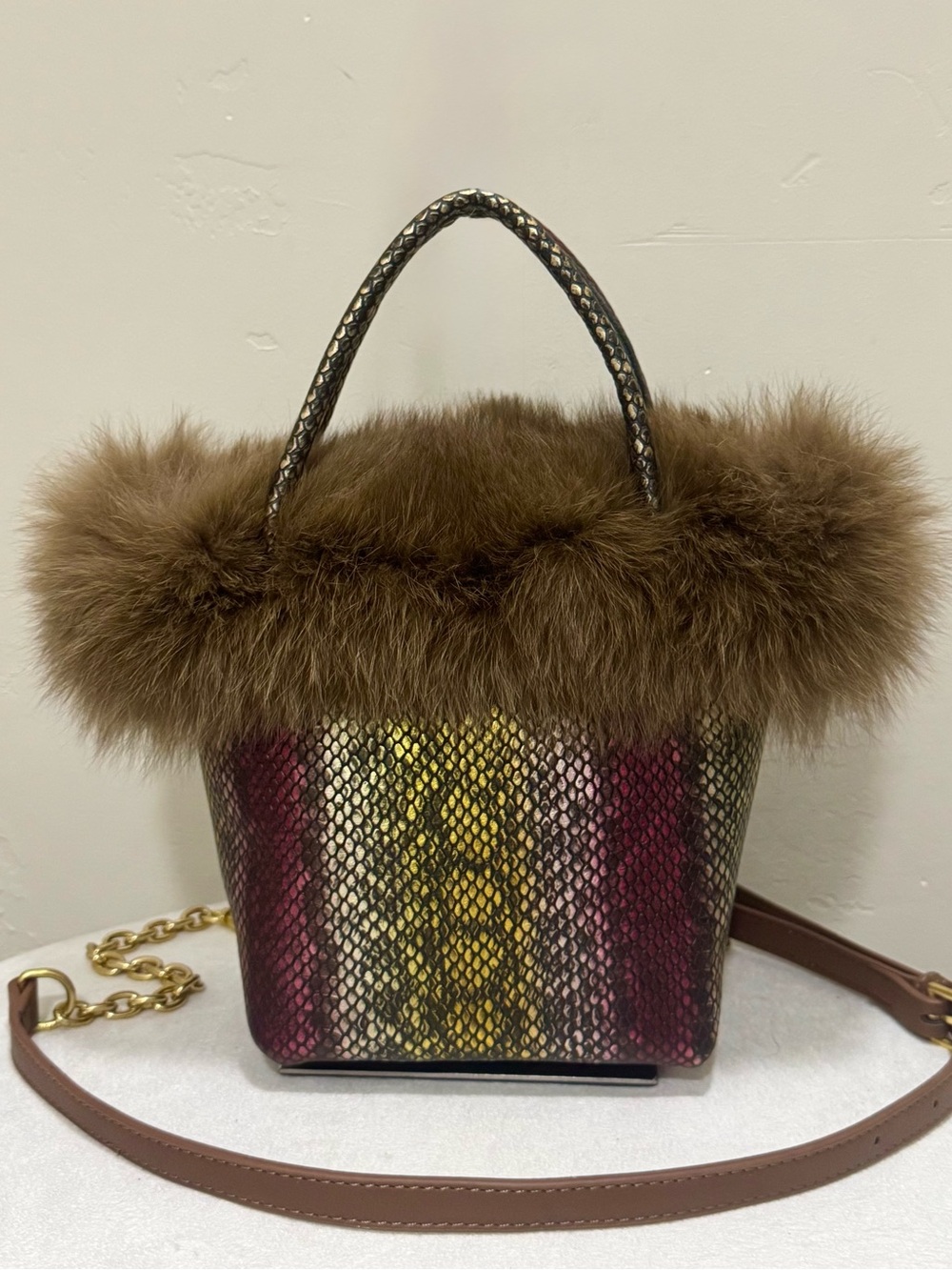 Multicolor Snake-Embossed Leather Tote Bag with Genuine Fox Fur Trim, Handmade